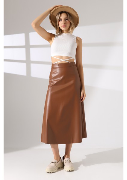 Suni Deri Etek Midi Boy Lazer Kesim