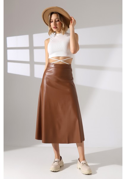 Suni Deri Etek Midi Boy Lazer Kesim modelleri