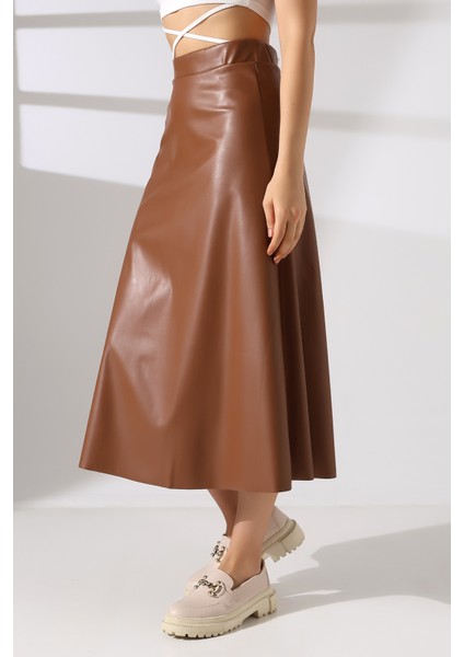 Suni Deri Etek Midi Boy Lazer Kesim