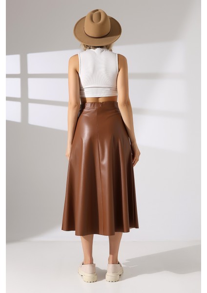 Suni Deri Etek Midi Boy Lazer Kesim