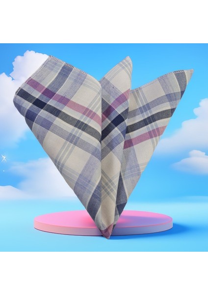 Beyaz Üzeri Lacivert Fuşya Mavi Ekose Kareli Cep Aksesuarı Yaka Mendili