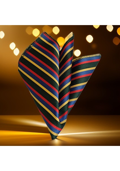 Kırmızı Mavi Sarı Çizgili Jakar Dokuma Renkli Cep Yaka Mendili