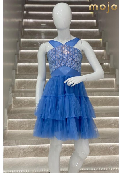 Erkut Abiye Taş İşlemeli Tül Askılı Kısa Abiye Elbise 653 İndigo indirimleri