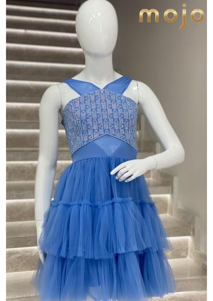 Erkut Abiye Taş İşlemeli Tül Askılı Kısa Abiye Elbise 653 İndigo