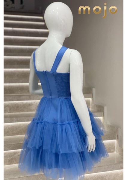 Erkut Abiye Taş İşlemeli Tül Askılı Kısa Abiye Elbise 653 İndigo