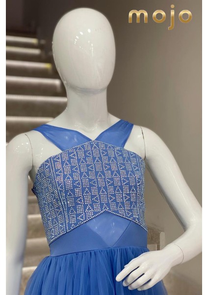 Erkut Abiye Taş İşlemeli Tül Askılı Kısa Abiye Elbise 653 İndigo