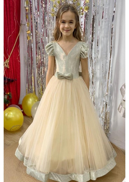 Kız Çocuk 2-10 Yaş Sindirella Model Tarlatanlı Abiye Elbise Altın