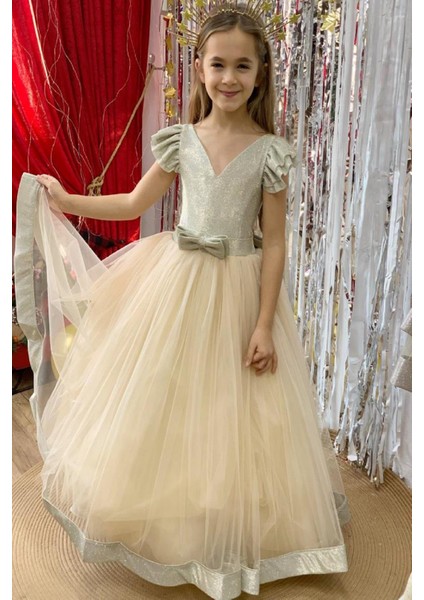 Kız Çocuk 2-10 Yaş Sindirella Model Tarlatanlı Abiye Elbise Altın