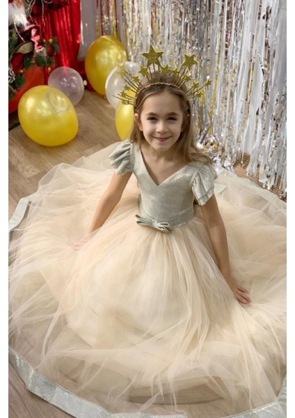 Kız Çocuk 2-10 Yaş Sindirella Model Tarlatanlı Abiye Elbise Altın