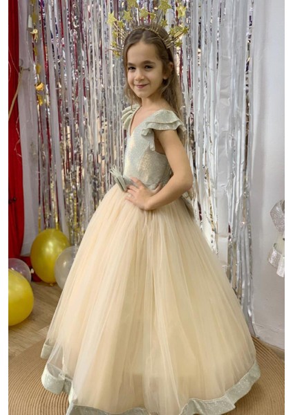 Kız Çocuk 2-10 Yaş Sindirella Model Tarlatanlı Abiye Elbise Altın