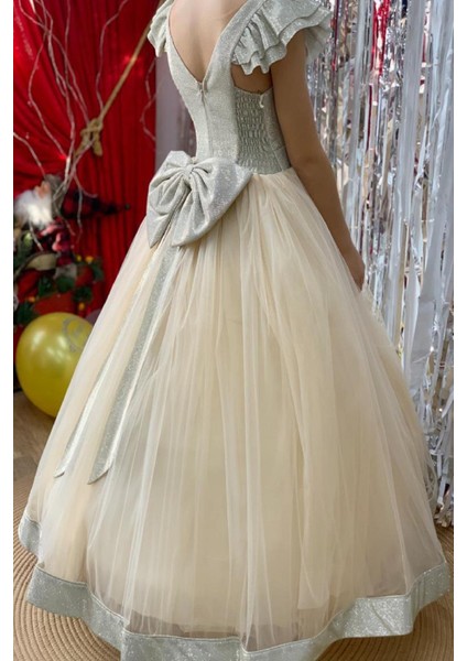 Kız Çocuk 2-10 Yaş Sindirella Model Tarlatanlı Abiye Elbise Altın