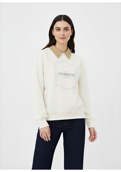 Beyaz Gömlek Yaka Şardonlu Oversize Sweatshirt