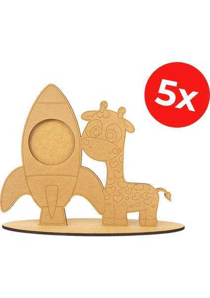 Zürafa Roket Fotoğraf Çerçevesi - Fotoğraf Çerçeve Tasarım Seti - Ahşap Boyama Seti - 5'li Paket
