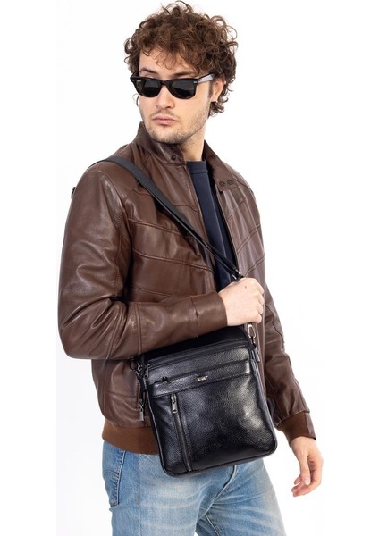 Çok Bölmeli, 11 İnç Tablet Bölmeli Hakiki Deri Omuz Çanta Siyah