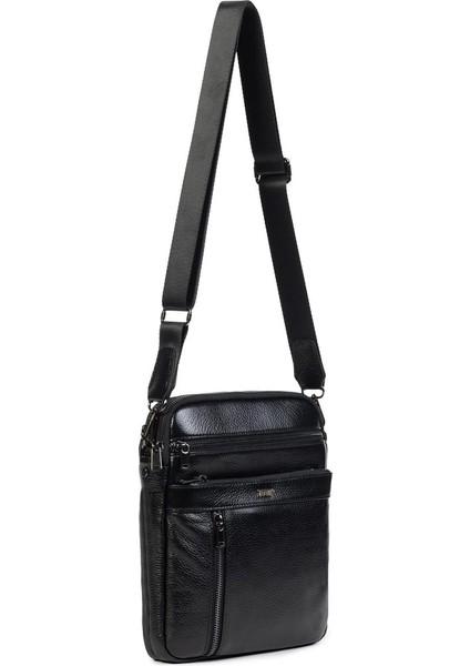 Çok Bölmeli, 11 İnç Tablet Bölmeli Hakiki Deri Omuz Çanta Siyah