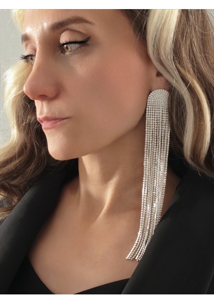 Uzun Sallantılı Tekli Beyoğlu Taşı Abiye Gold Renk Küpe