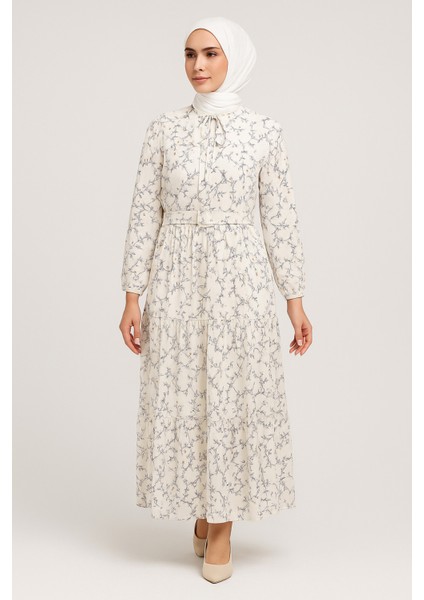 Tesettür Mini Çiçekli Kemerli Kloş Elbise fırsatları