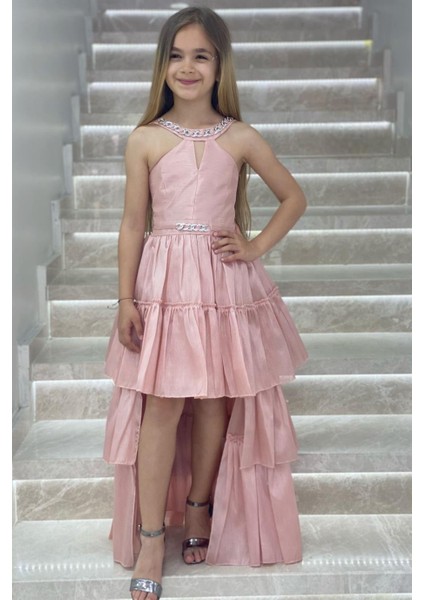 Erkut Abiye Yaka ve Kolu Taşlı Önü Kısa Arkası Uzun Abiye Elbise 648 Pudra