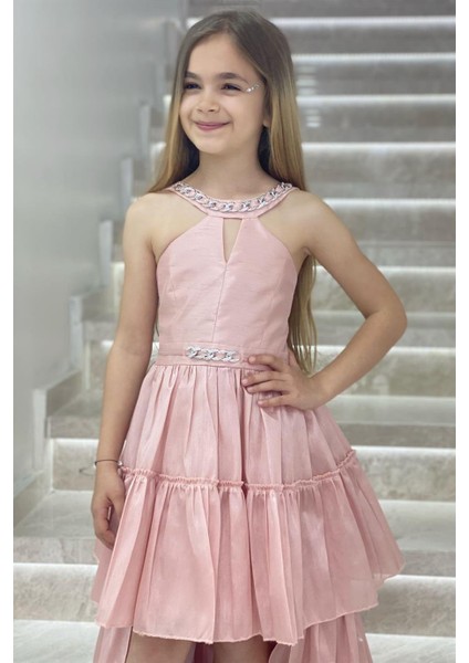 Erkut Abiye Yaka ve Kolu Taşlı Önü Kısa Arkası Uzun Abiye Elbise 648 Pudra