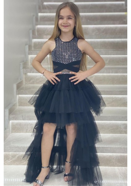 Erkut Abiye Aynalı Önü Kısa Arkası Uzun Abiye Elbise 584 Siyah