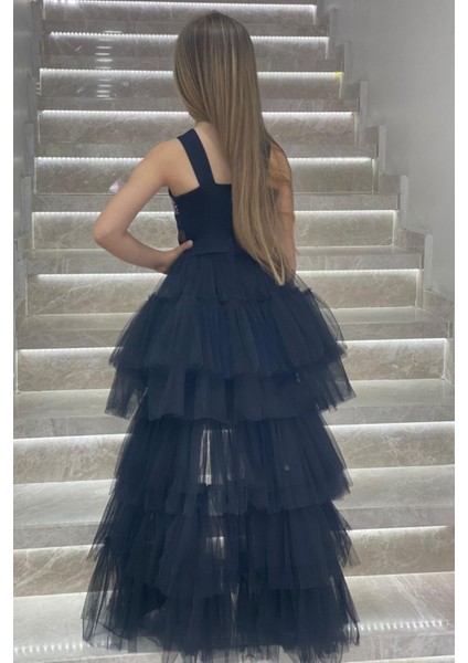 Erkut Abiye Aynalı Önü Kısa Arkası Uzun Abiye Elbise 584 Siyah