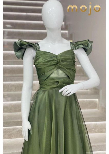 Erkut Abiye Düşük Kol Tafta Kumaş Uzun Abiye Elbise 643 Yeşil