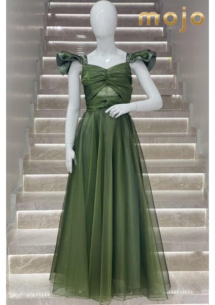 Erkut Abiye Düşük Kol Tafta Kumaş Uzun Abiye Elbise 643 Yeşil