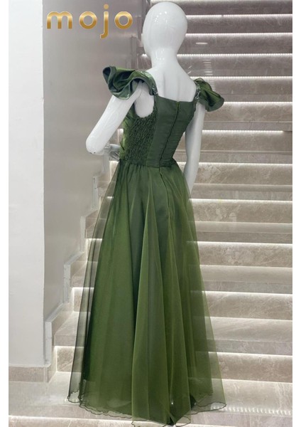 Erkut Abiye Düşük Kol Tafta Kumaş Uzun Abiye Elbise 643 Yeşil