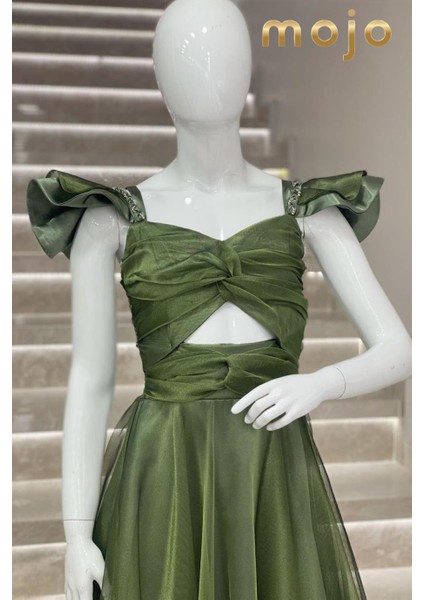 Erkut Abiye Düşük Kol Tafta Kumaş Uzun Abiye Elbise 643 Yeşil