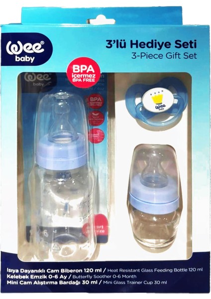 3’lü Set Cam Biberon 120ML + Emzik + Cam Alıştırma Bardağı 30 ml - Mavi