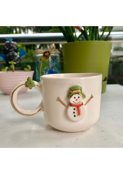 El Yapımı Seramik Gerçek 24K Altın Dekorlu Kardan Adam Kupa