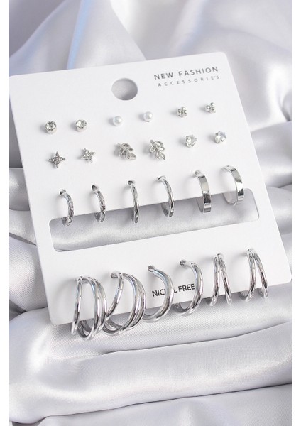 Pirinç Gümüş Renk Zirkon Taş Detaylı 12 Çift Kadın Küpe Seti - TJ-BKP9681