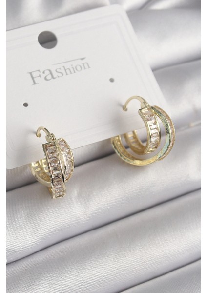 Pirinç Gold Renk Zirkon Taşlı Halka Model Kadın Küpe - TJ-BKP10001