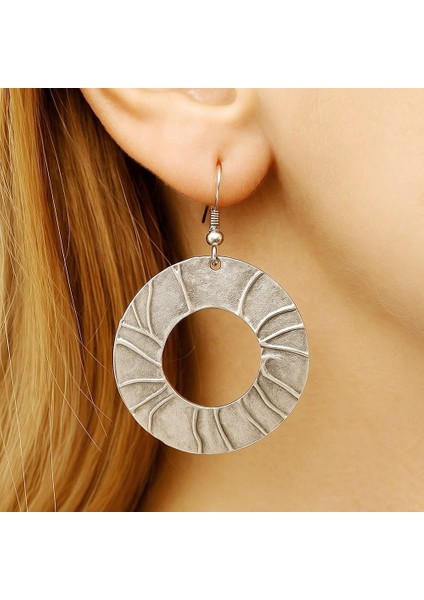 Rölyef Daire Şekilli Kadın Küpe Çift Adet Gümüş Kaplama El Yapımı Küpe