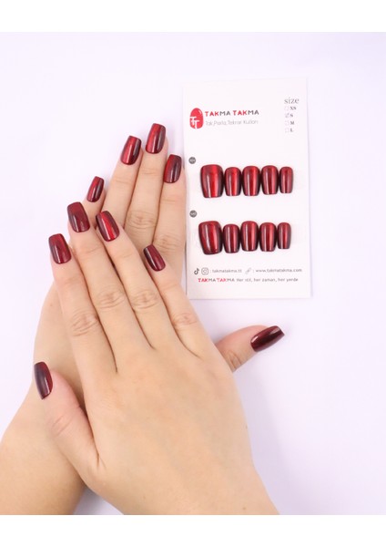 10'lu Bordo Kısa Balerin TT0748 Tekrar Kullanılabilir El Yapımı Protez Takma Tırnak - Bordo-M