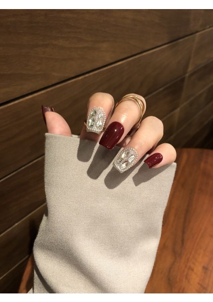 10'lu Bordo Orta Kare TT1033 Tekrar Kullanılabilir El Yapımı Protez Takma Tırnak - Bordo-L