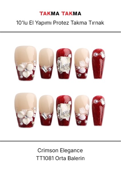 10'lu Kırmızı Orta Balerin TT1081 Tekrar Kullanılabilir El Yapımı Protez Takma Tırnak - Kırmızı-M