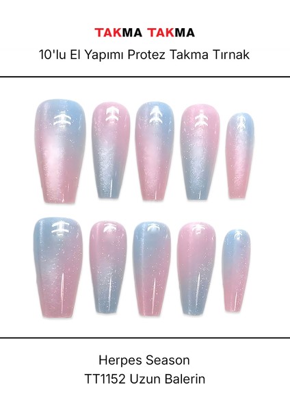 10'lu Renkli Uzun Balerin TT1152 Tekrar Kullanılabilir El Yapımı Protez Takma Tırnak - Renkli-XS