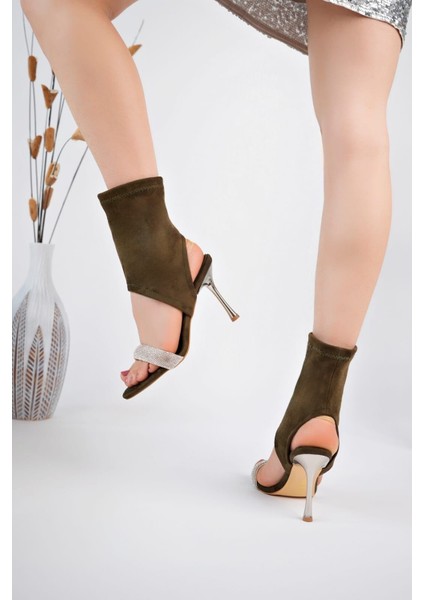 Arkası Açık Taşlı Ince Topuklu Ayakkabı Yeşil Topuk Boyu 10 cm modelleri