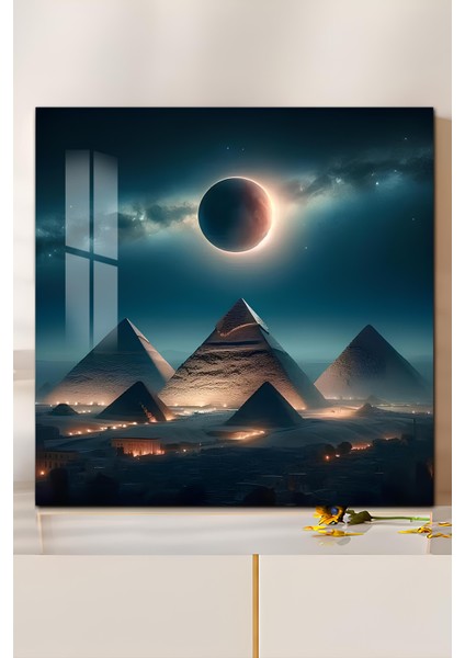 3D Görünümlü Temperli Cam Tablo – Giza Piramitleri ve Güneş Tutulması 33X33 cm Uv BASKI-CTK071