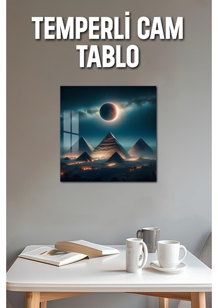 3D Görünümlü Temperli Cam Tablo – Giza Piramitleri ve Güneş Tutulması 33X33 cm Uv BASKI-CTK071