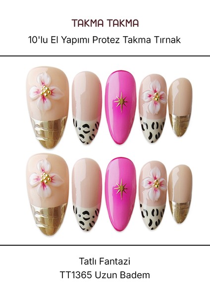 10'lu Pembe Uzun Badem TT1365 Tekrar Kullanılabilir El Yapımı Protez Takma Tırnak - Ten Rengi-Pembe-XS