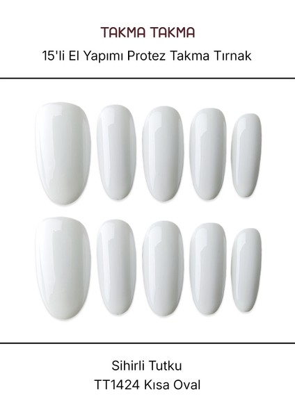 15'li Beyaz Kısa Oval TT1424 Tekrar Kullanılabilir El Yapımı Protez Takma Tırnak - Beyaz-XS