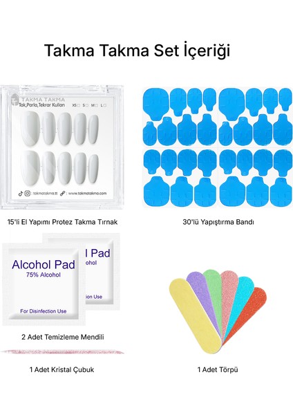 15'li Beyaz Kısa Oval TT1424 Tekrar Kullanılabilir El Yapımı Protez Takma Tırnak - Beyaz-XS fiyatları