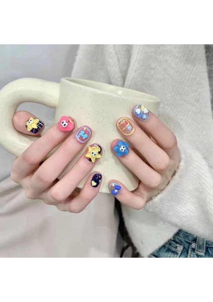 10'lu Renkli Kısa Yuvarlak TT1189 Tekrar Kullanılabilir El Yapımı Protez Takma Tırnak - Renkli-L fiyatları