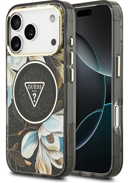 iPhone 17 Pro Kılıf Guess Lisanslı M-Safeli Simli Çiçek Desenli Metal Kamera Çerçeveli Kapak Siyah