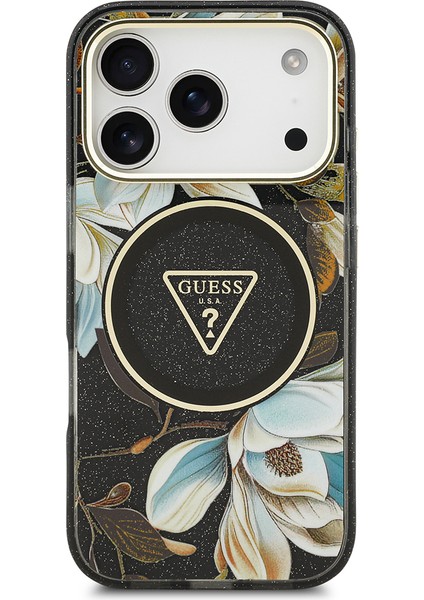 iPhone 17 Pro Kılıf Guess Lisanslı M-Safeli Simli Çiçek Desenli Metal Kamera Çerçeveli Kapak Siyah modelleri