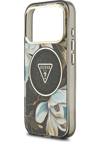 iPhone 17 Pro Kılıf Guess Lisanslı M-Safeli Simli Çiçek Desenli Metal Kamera Çerçeveli Kapak Siyah