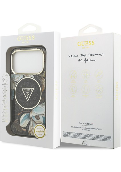 iPhone 17 Pro Kılıf Guess Lisanslı M-Safeli Simli Çiçek Desenli Metal Kamera Çerçeveli Kapak Siyah