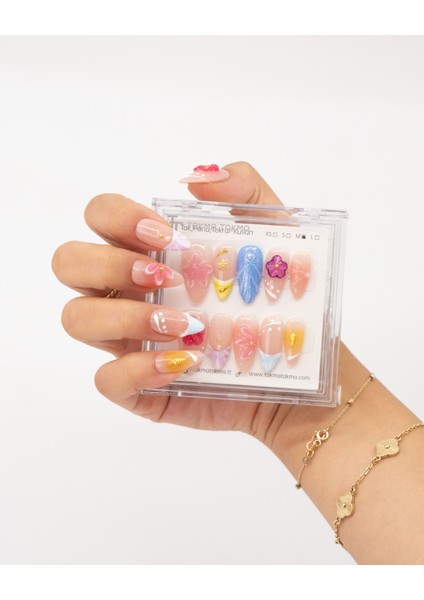10'lu Renkli Uzun Badem TT1396 Tekrar Kullanılabilir El Yapımı Protez Takma Tırnak - Renkli-L